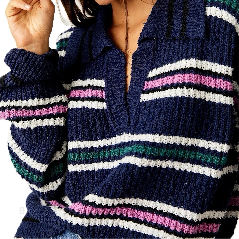 Free People Navy V-Neck Striped Sweater with Pink, Green & White Accents